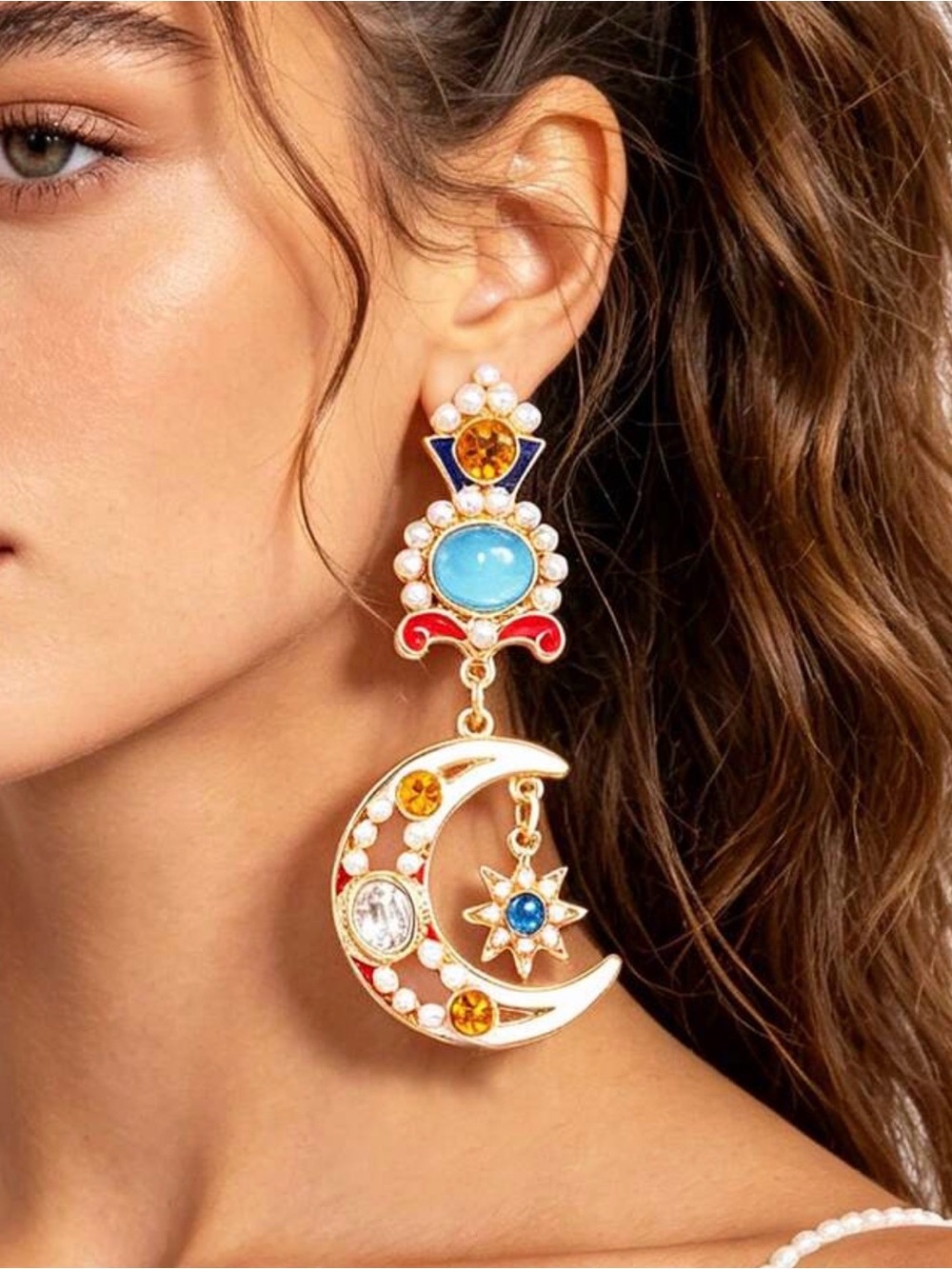 Gold-Tone Crescent Moon Drop Earrings with Blue and Amber Accents